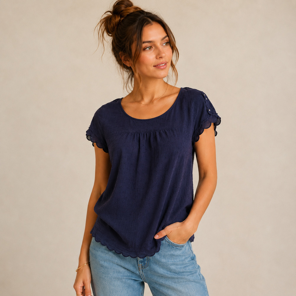 Anthropologie Maeve Navy Swiss Dot Scallop Edge Blouse Top Size 0
